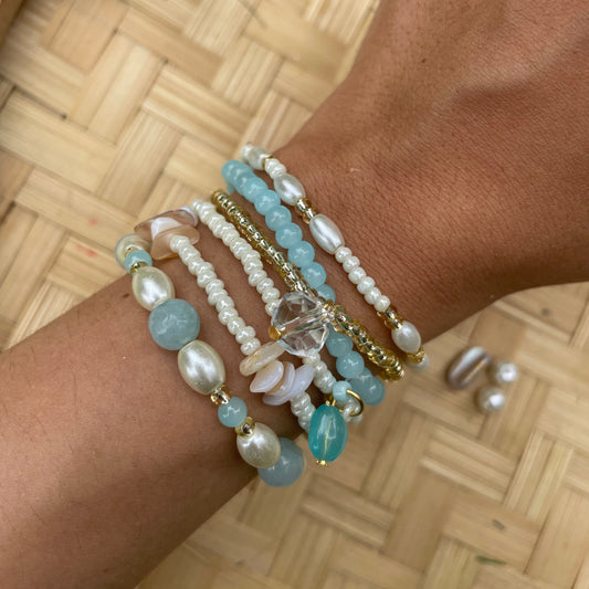 Ocean Serenity: Set of 6 Blue Color Bead and Pearl Blend Bracelets